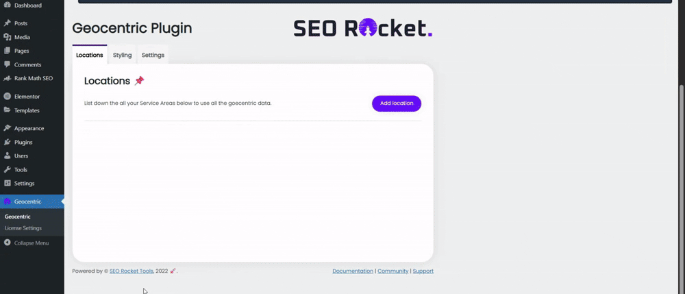 Geocentric WordPress Plugin demo showing automatic Google location data embedding for local SEO - weather, demographics, maps, and directions integration workflow